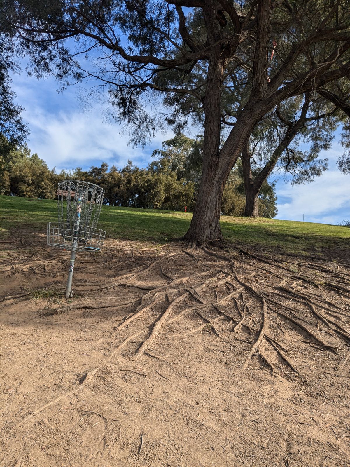 Hole #1 basket, walk up the hill to the left to find hole #2 "tee pad" which is just grass.