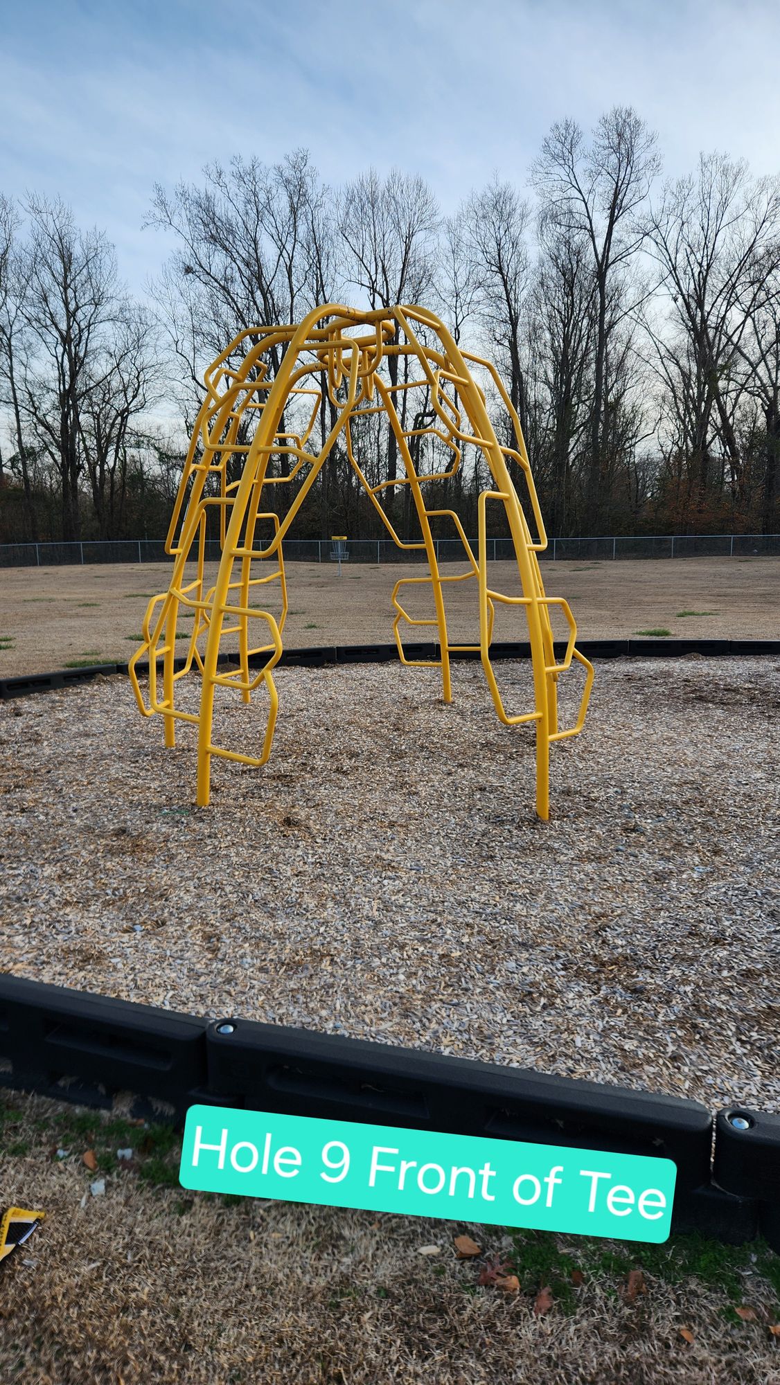Hole 9

OB if disc lands in playground area. 

Triple Mando through the yellow jungle gym. 

Drop zone would be from mulched area on the far side of jungle gym if Mando is missed or thro lands OB.