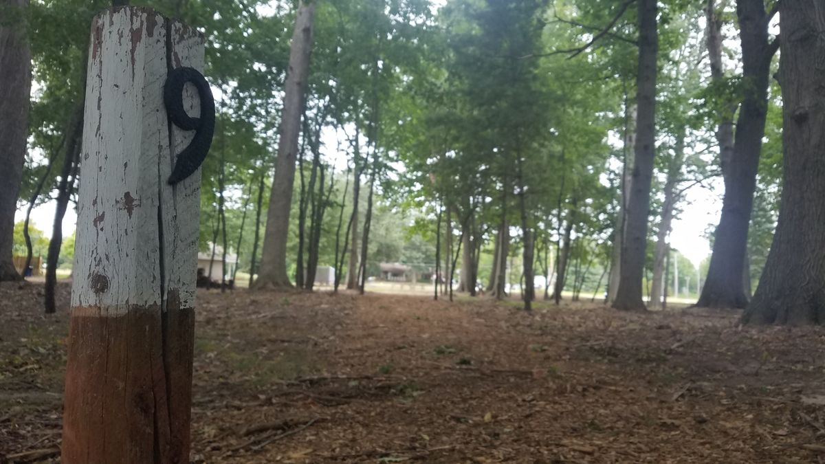 9 holes. Tees are marked with posts.