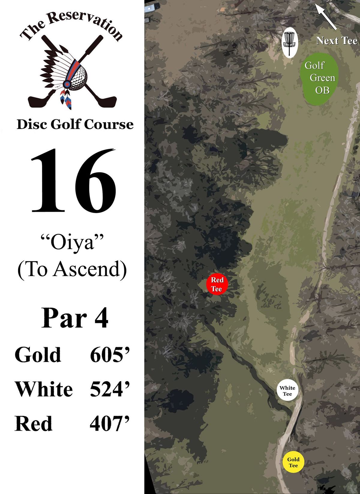 A fairly short but significantly uphill par 4 with the basket guarded by an OB golf green to the right. OB on the left is marked by white stakes not shown in the image.