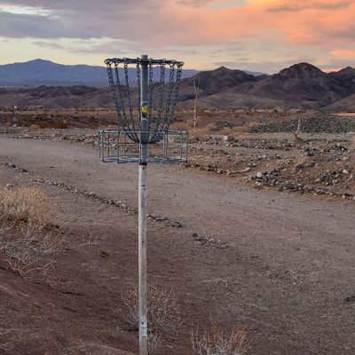 Hole 8 elevated old school basket donated from Humboldt county.