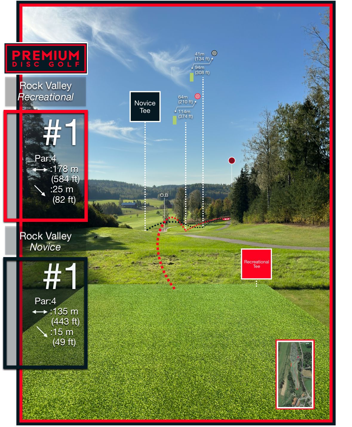 Fairway #1 from the Recreational tee and with graphics and stats about both Rec and Novice tees.