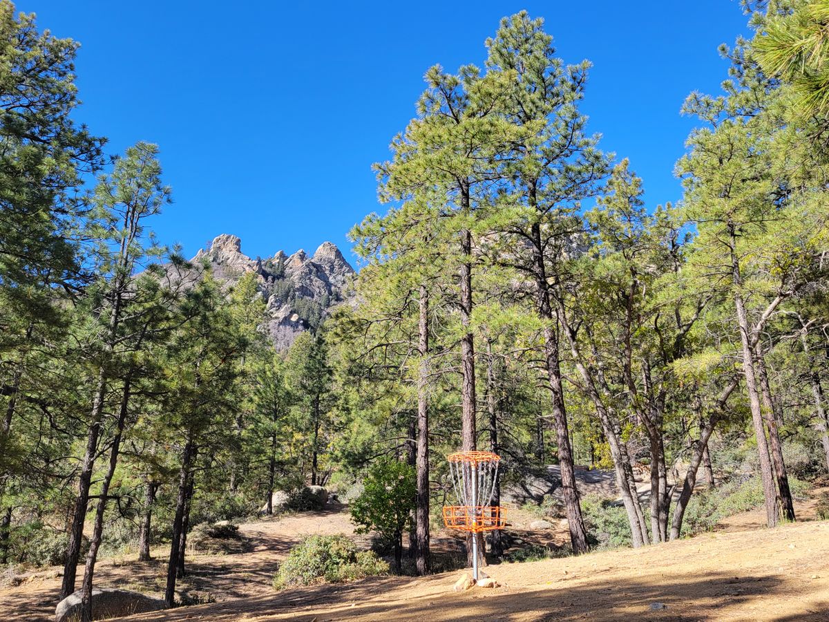 Practice basket with Aspen Peak in the background.