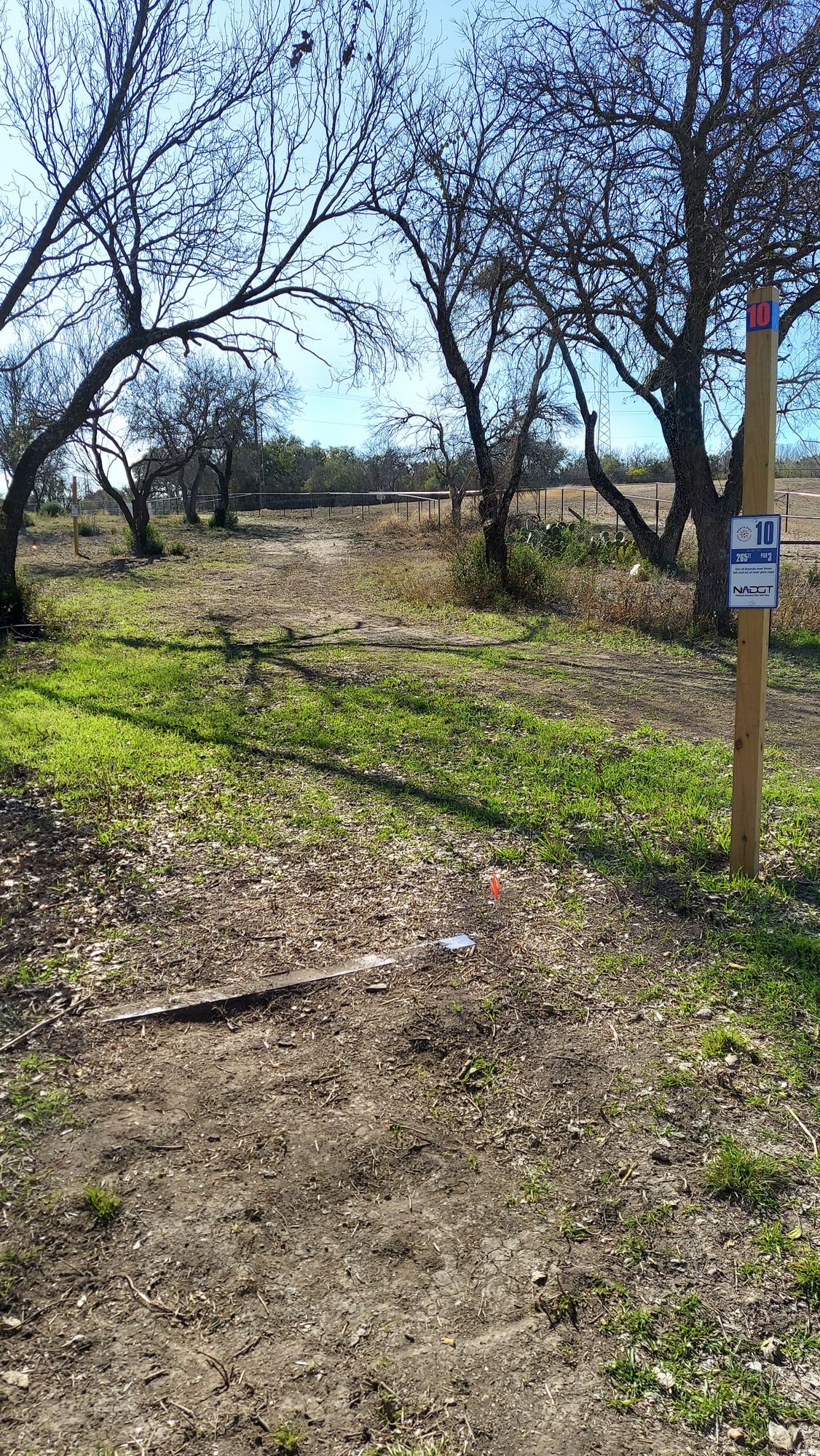 Hole 10. 265 feet uphill. Tight tee with a tree and fence to your back.