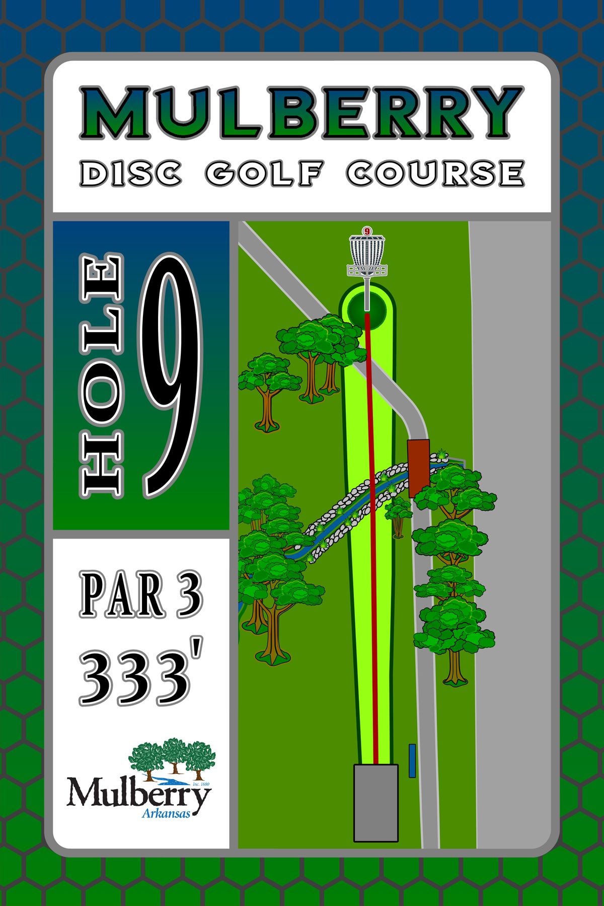 Tee sign hole 9 Mulberry Arkansas Disc Golf Course