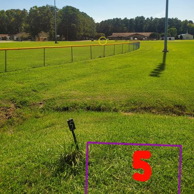 Hole 5
Shoot from marker
Basket is across large field on corner in the open.
