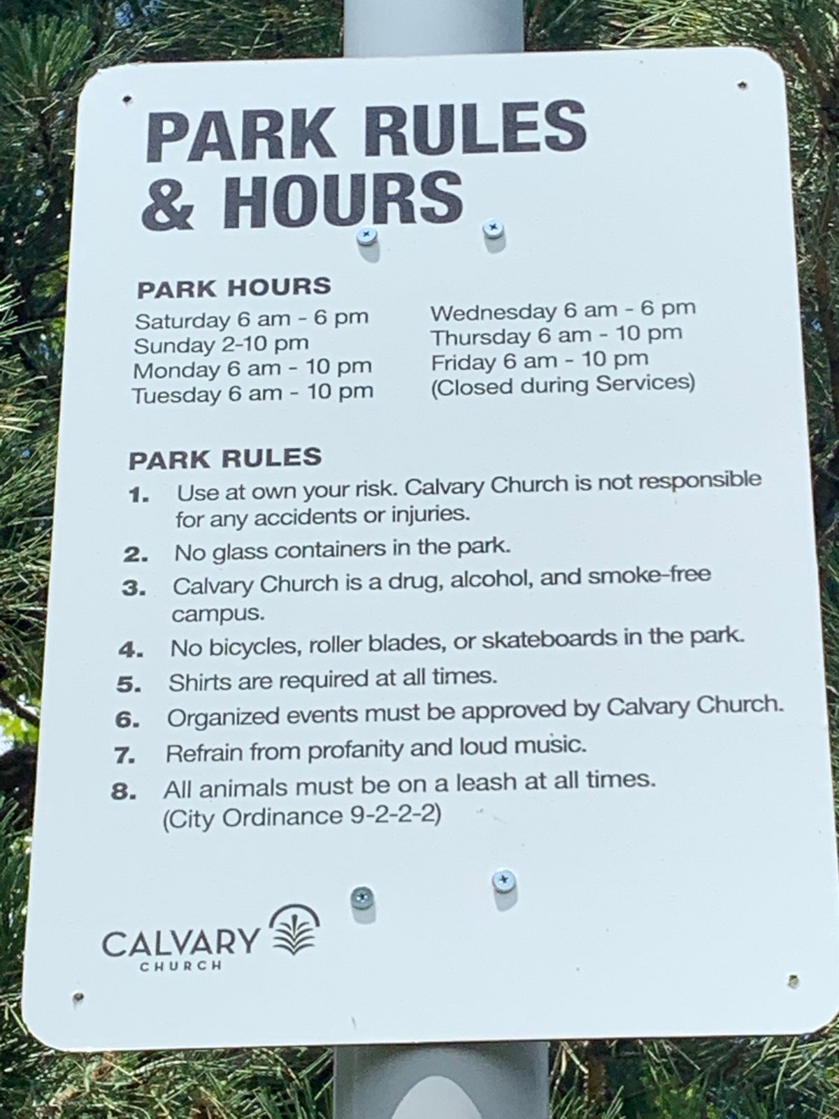 Park Hours. Sign is easy to miss.