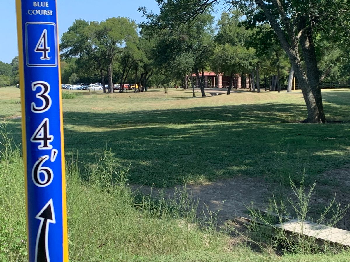Hole 4. Blue Tee. 346 feet. Basket is circled.