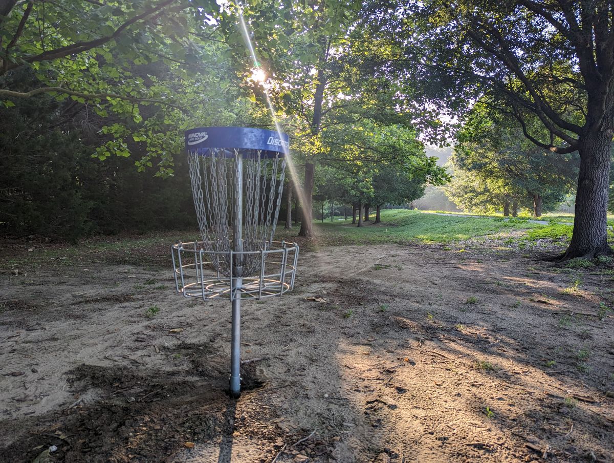 Long basket position looking back down the gauntlet of a fairway.