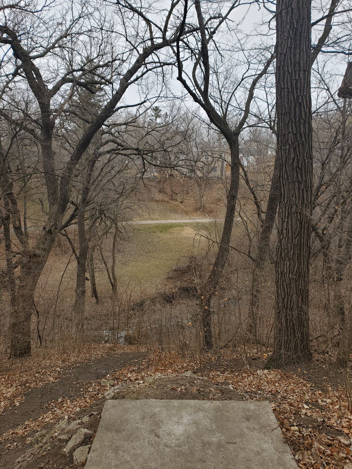 #6 downhill hard left w/ walking path. Footing sketchy AF down to creek (or cross by 2 basket)
