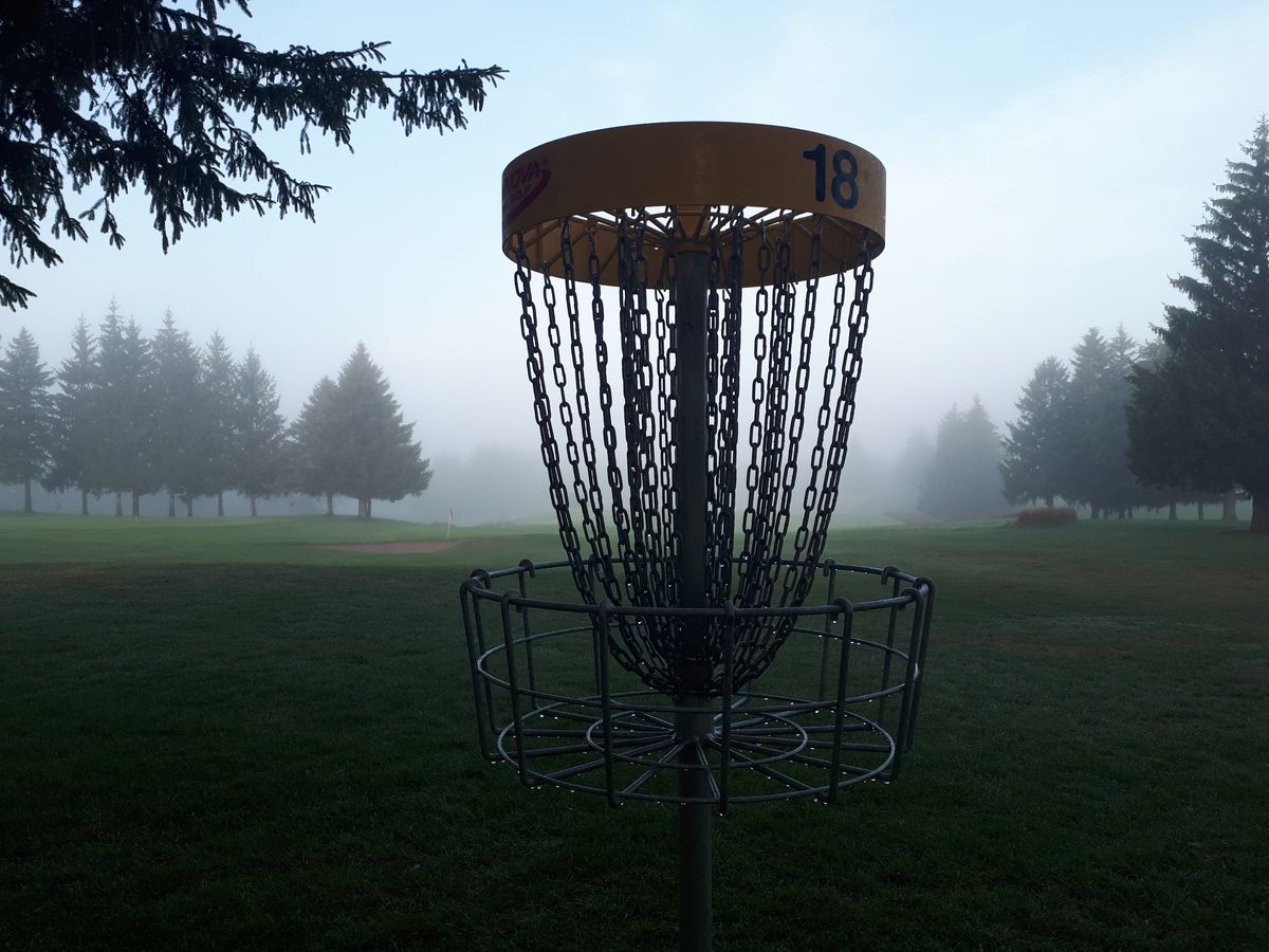 Hole 18 basket on the white course, in some heavy morning fog that's just starting to lift.