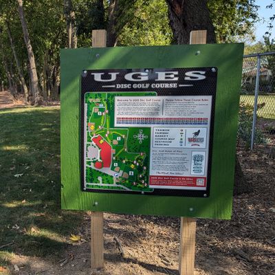 Course map. Tee #1 (post, no pad 2024) further down.