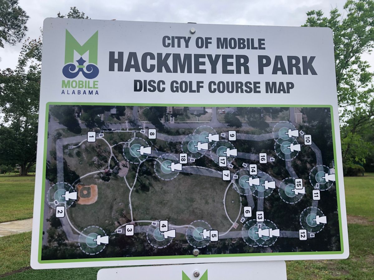 Course layout map located at hole #1 near the street/parking area
