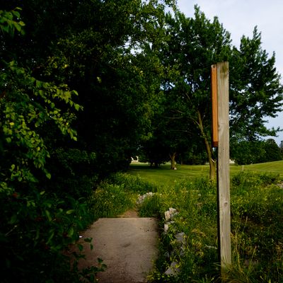 Looking down 18's fairway from hole 18's pro pad