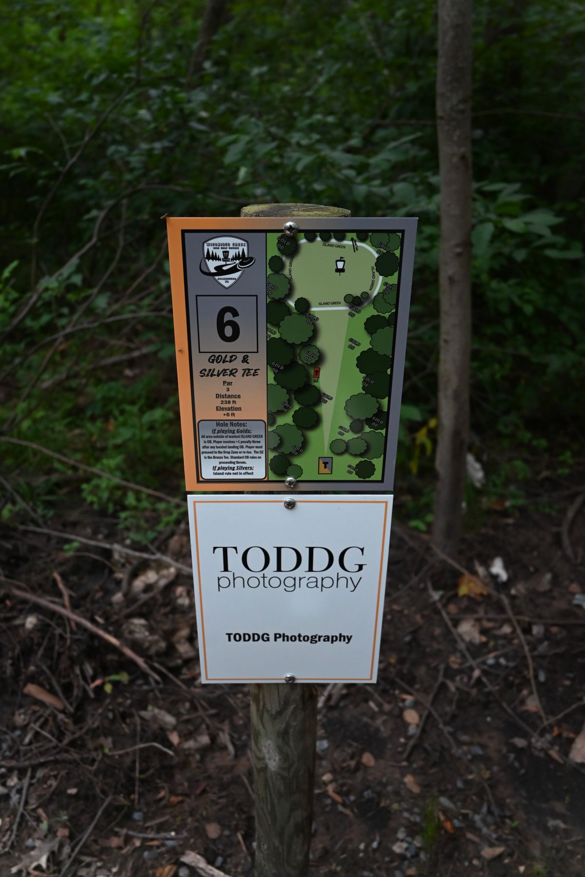 Hole 6's tee sign. An example of a shared tee between gold and silver.