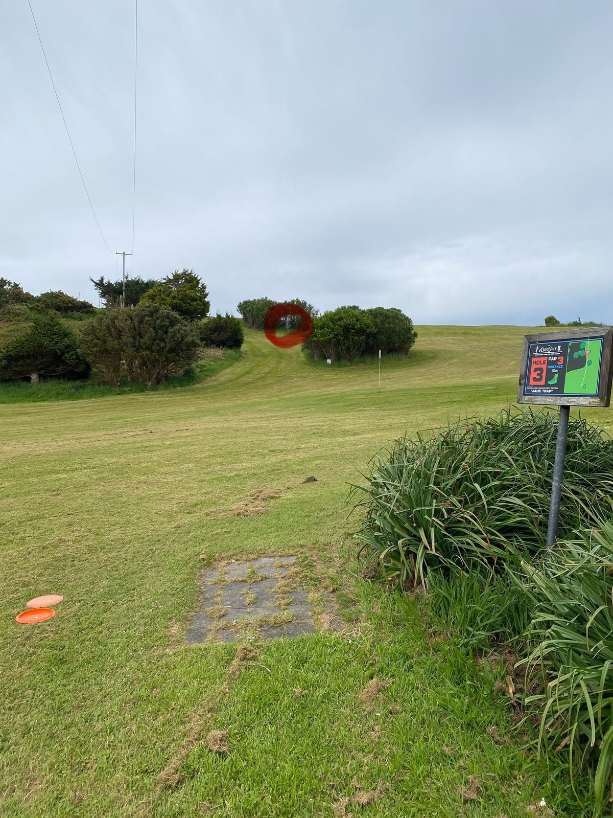 Tee pad of hole 3. Basket circled in red.