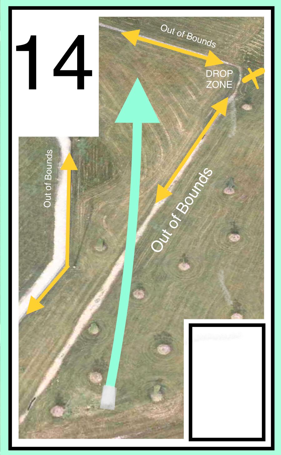 Hole 14. Plays as island. Baseball field is O.B. On or across rock path is OB. drop zone at corner of rocks