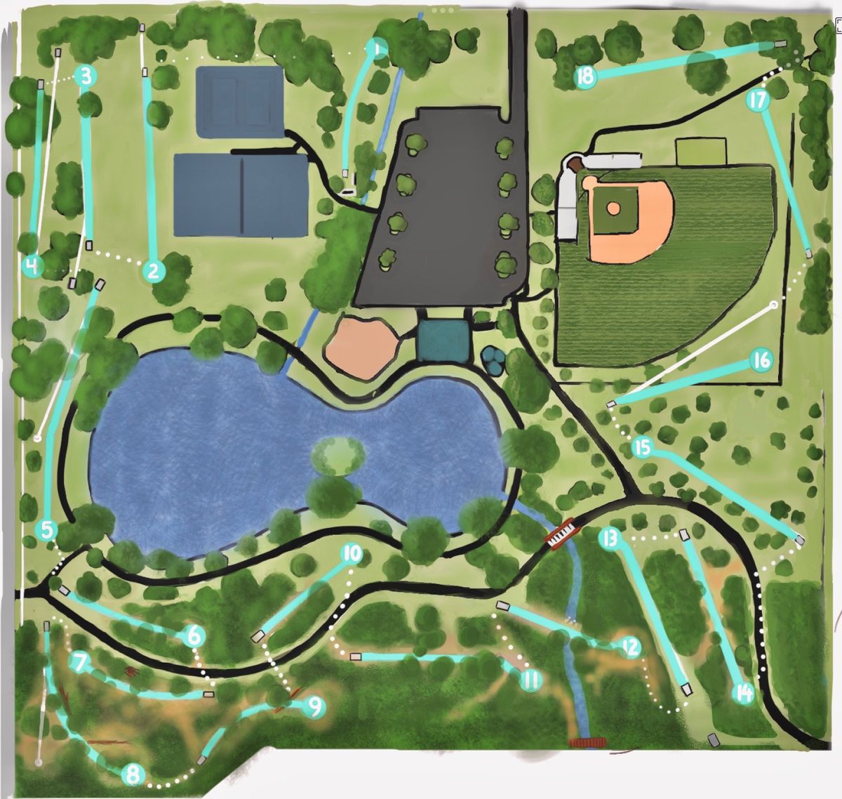 Updated Feb 2024. 16/18 holes are playable. Hole #10 & #14 will be complete by spring ‘24