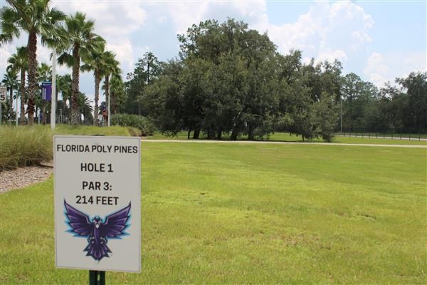 Hole 1 tee box, tee off from sidewalk.