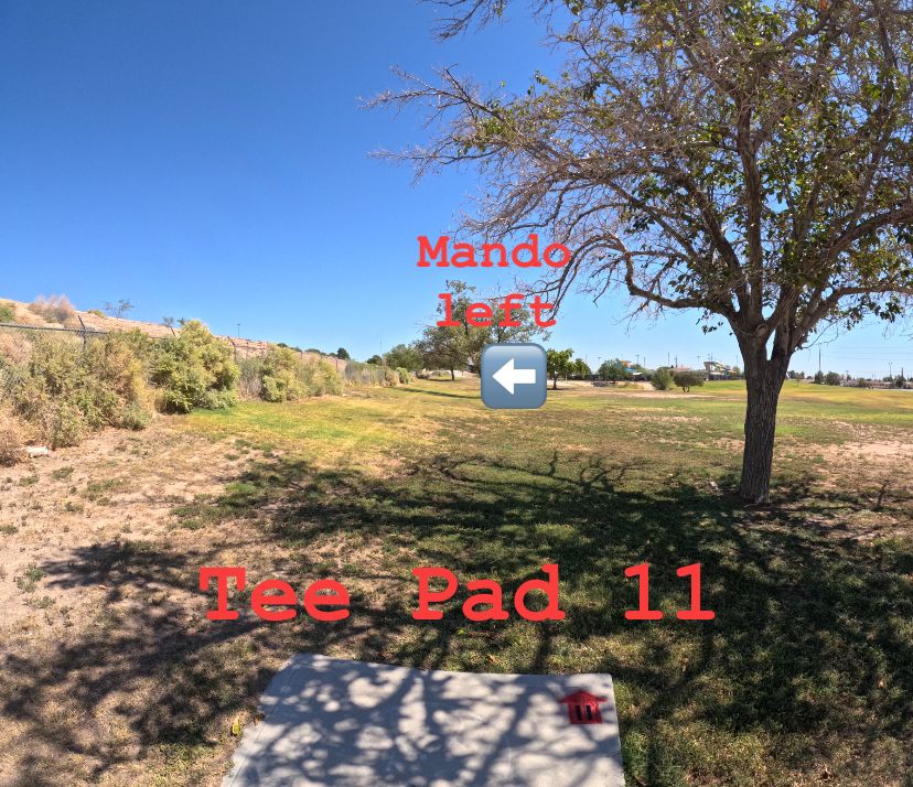 Tee Pad 11. Mando left of fairway tree.