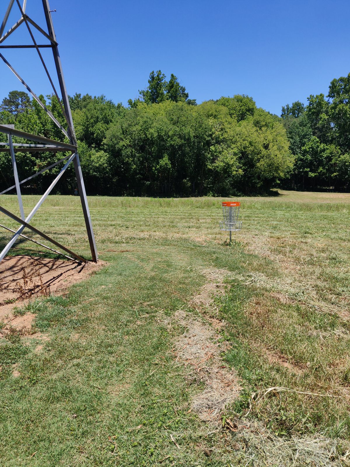 Hole 7. Looking at the basket from the Greenway. The tee pad is to the left.