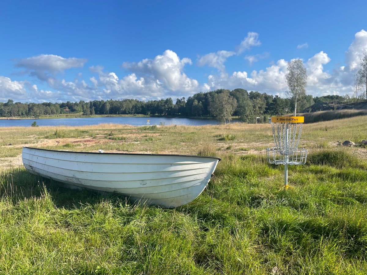 Vy från korgen mot tee. Hål 5