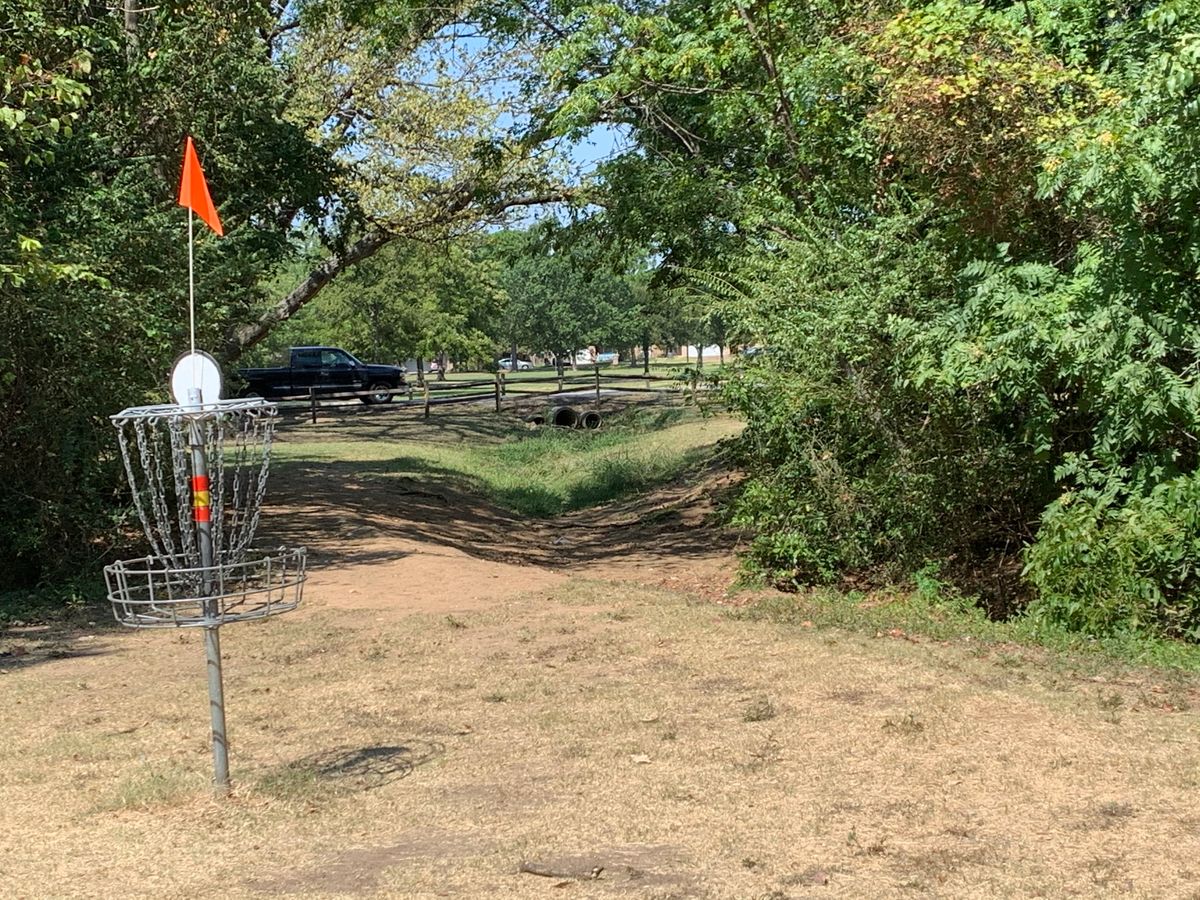 Hole 10. Straight shot to a hard, dog leg left at the canal. Basket to the left.