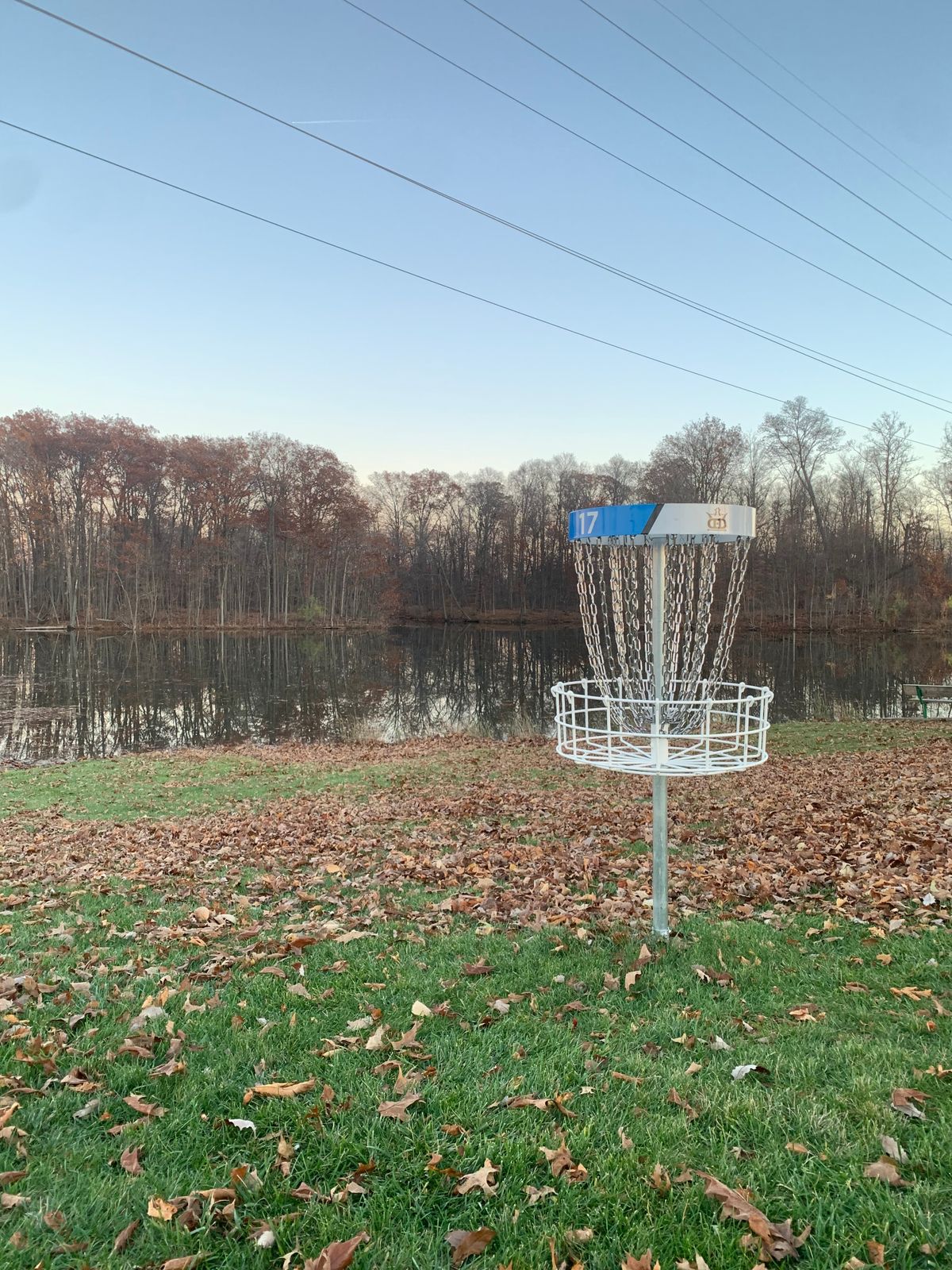 Hole 17 basket overlooking lake
