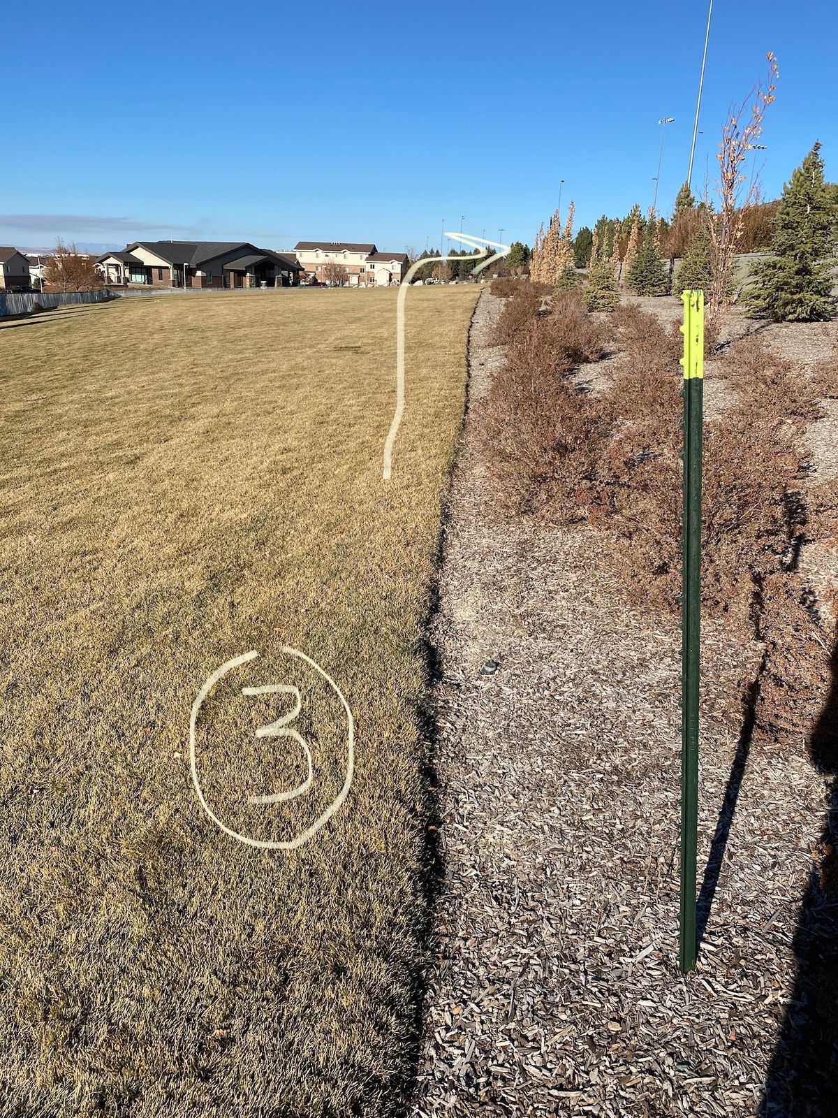 This hole has a dogleg hard right around the edge of the soccer field.