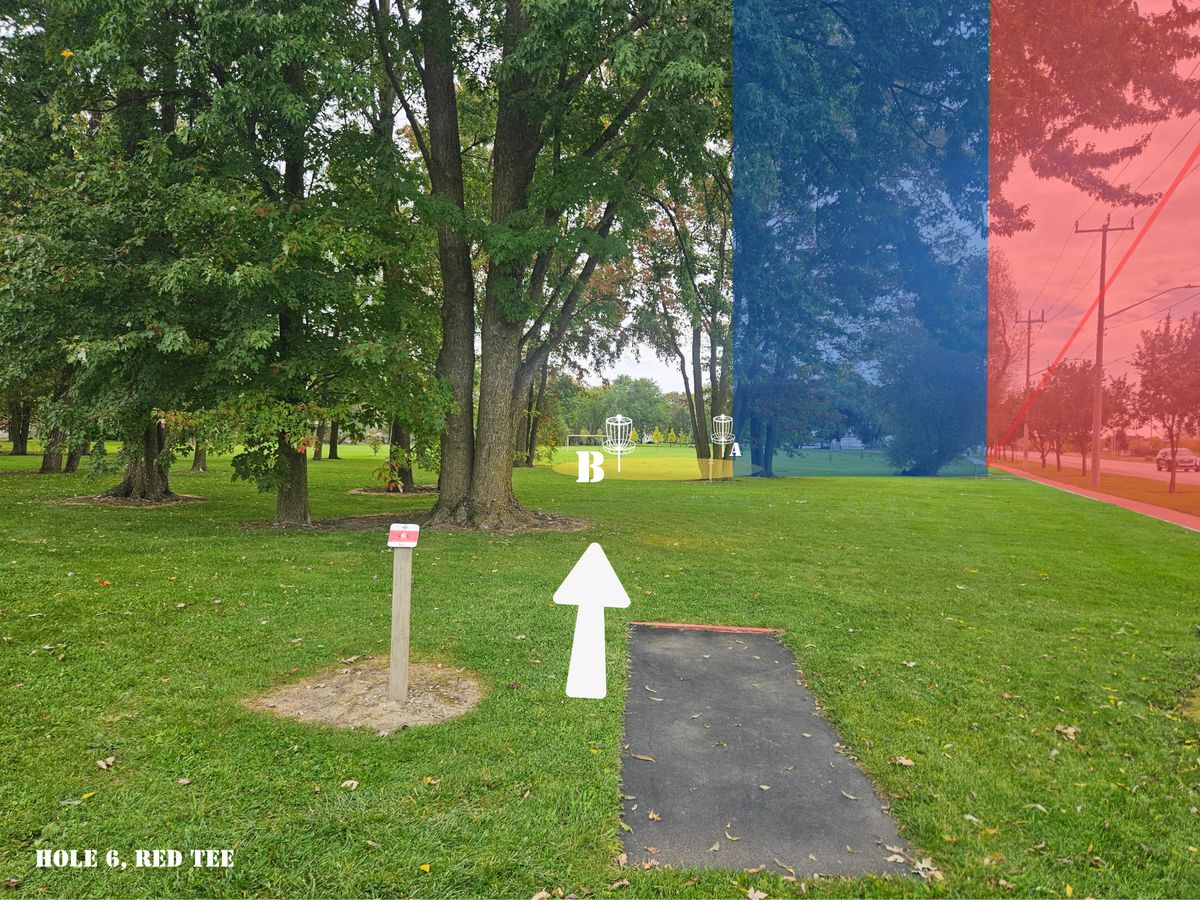 Hole 6 Red Tee, sign indicates Mando tree with drop zone. If tee shot misses "island" take hazard stroke and continue play from current location. Only take 1 hazard stroke per hole.