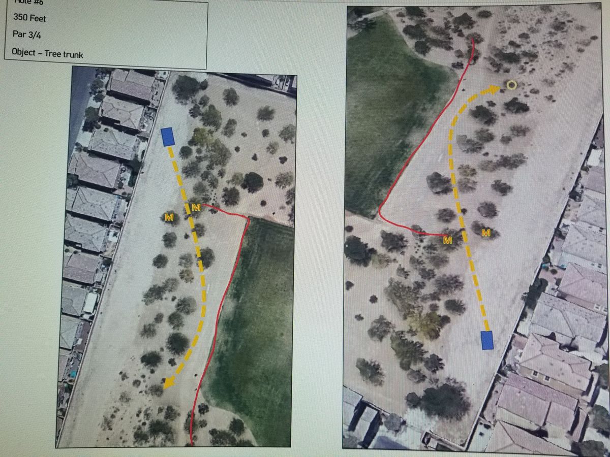 Hole 6 plays from maintenance road through a double mando tunnel shot. Field is OB.