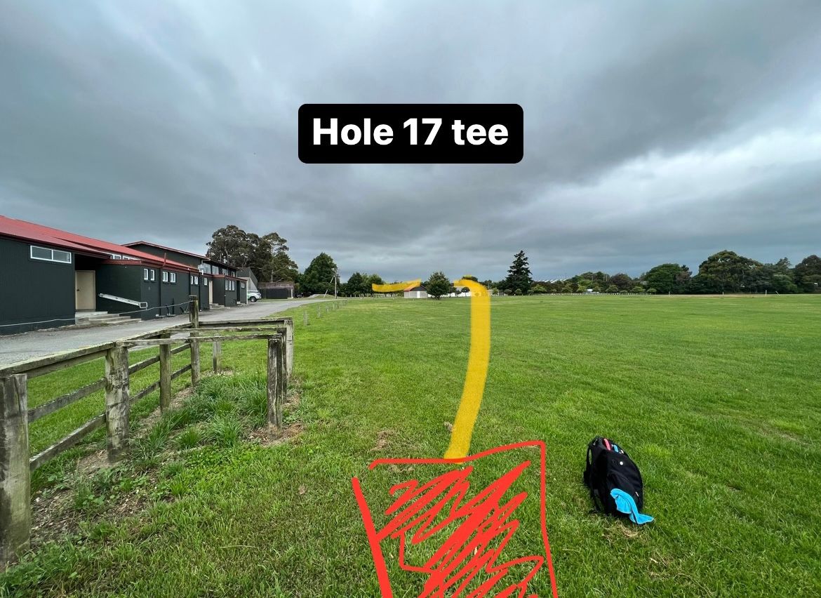 Hole 17 tee.  Mando to right of toilet block. All roads are OB
