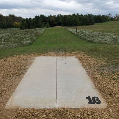 New hole 16: Tee pad is to the left of 15's pin. Straight shot 230’ into the edge of the woods with a drop off behind the basket