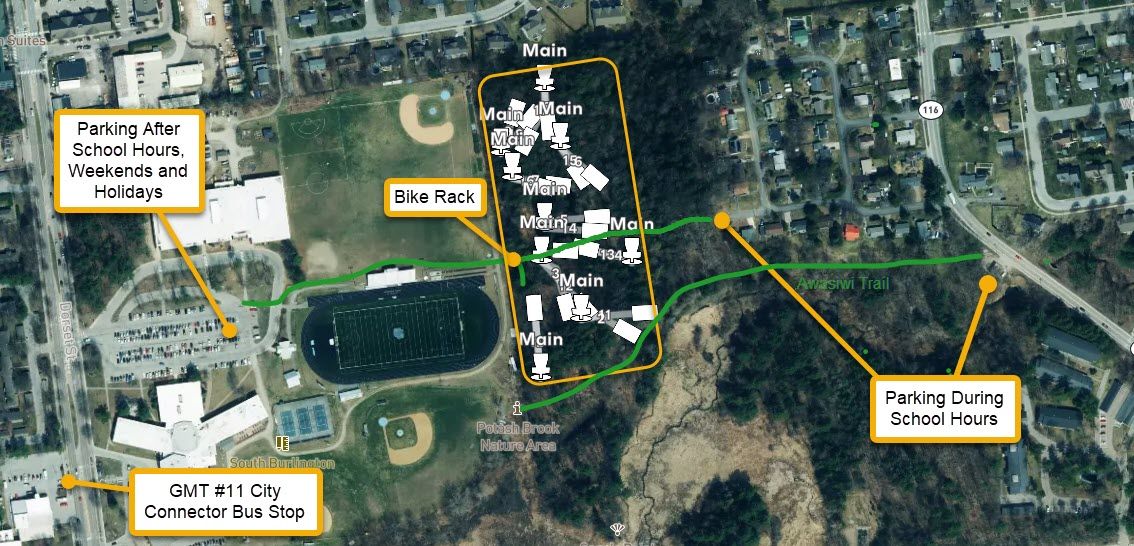 Course location map showing parking, bike parking and City bus stop to access course