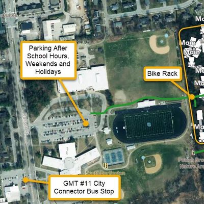 Course location map showing parking, bike parking and City bus stop to access course