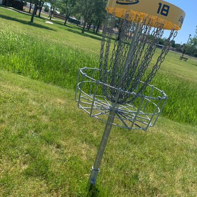 View of hole 18 basket.
