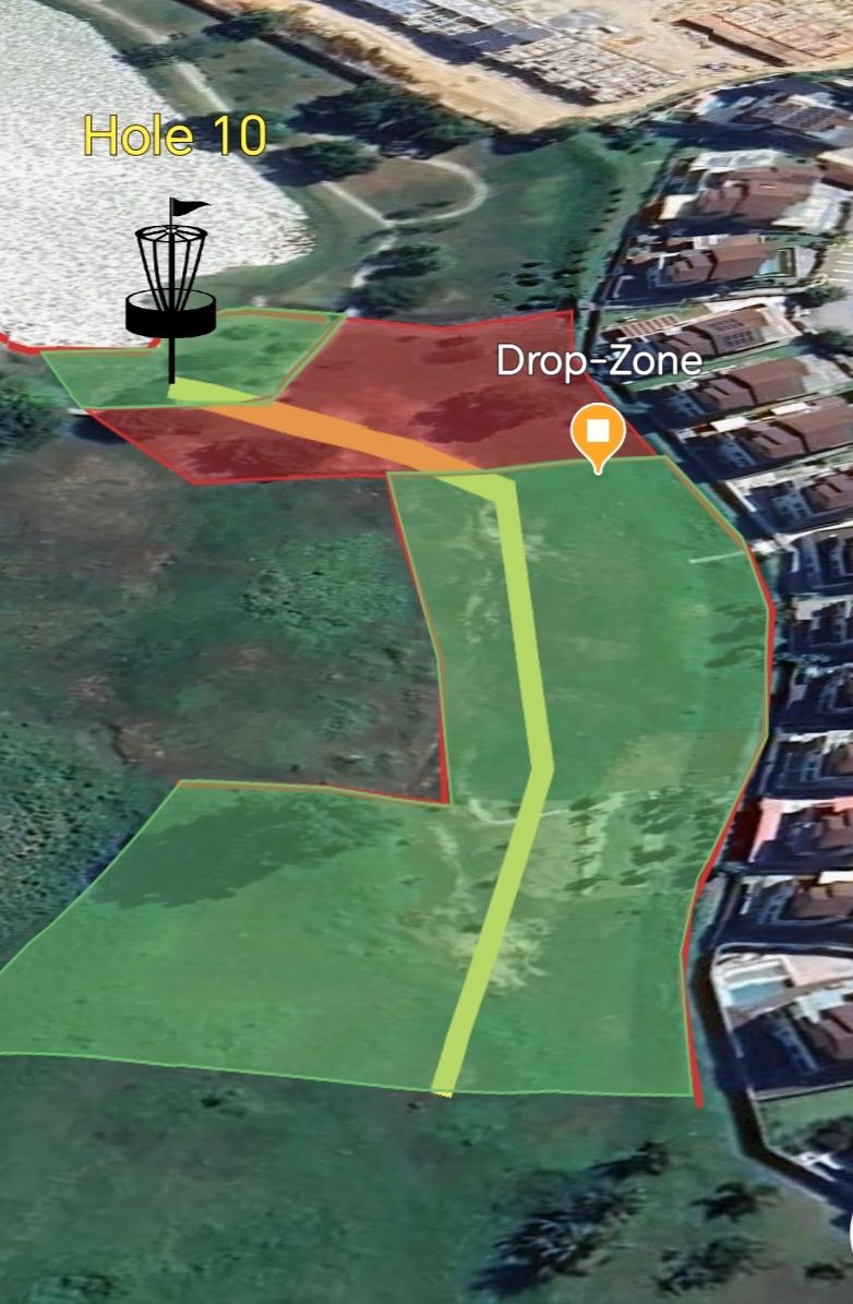 Par 5, disc landed in OB area before green will proceed to Drop-zone 