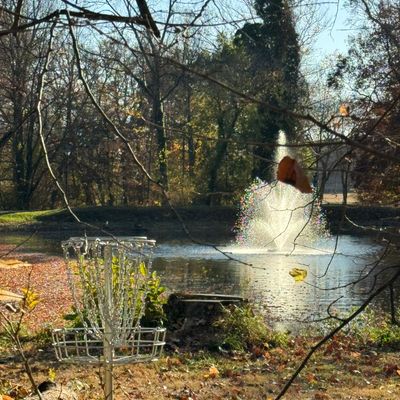 Hole 9 basket and Lake Archer Fountain