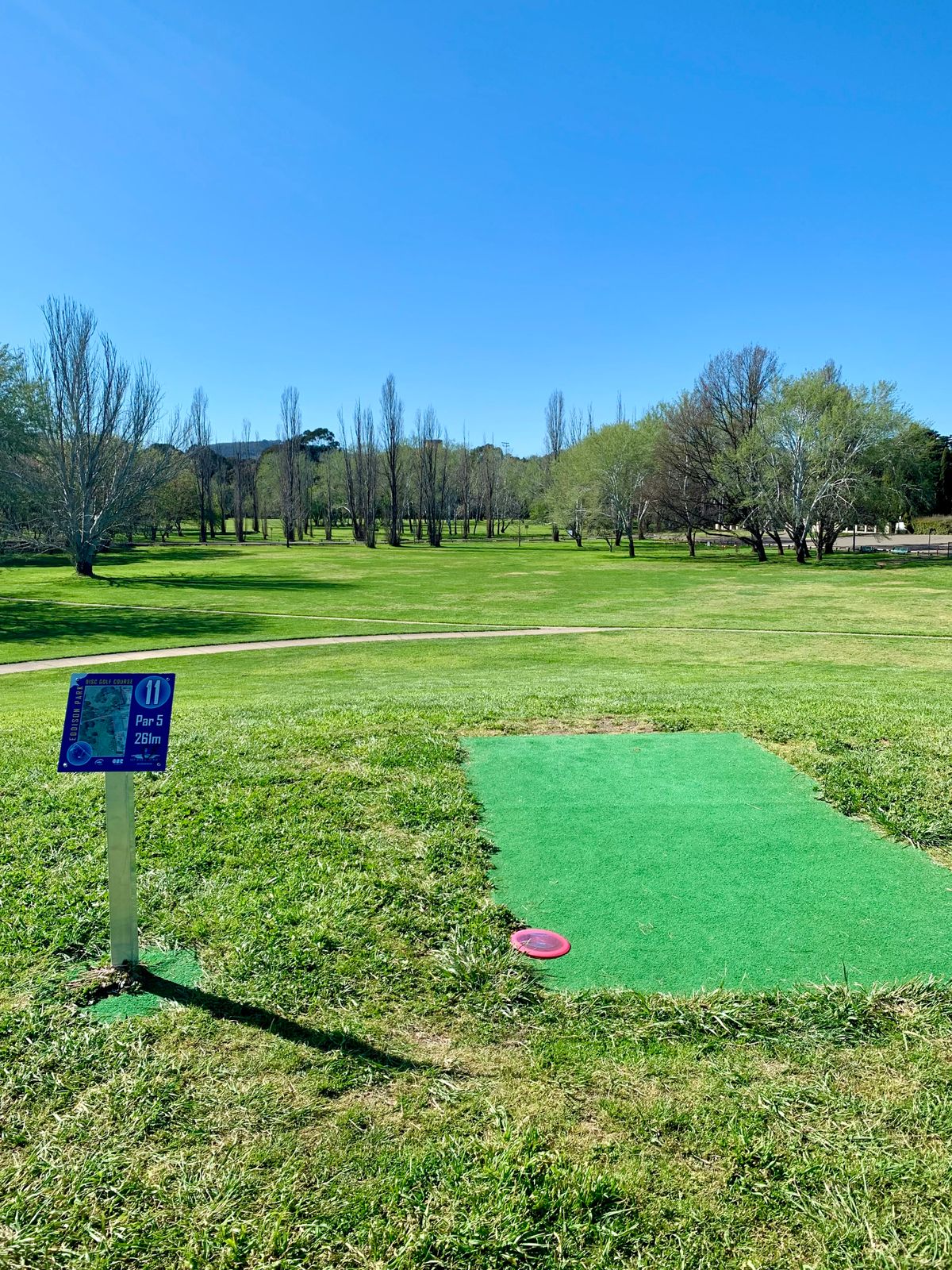 Long par 5 with elevated tee and road crossing.