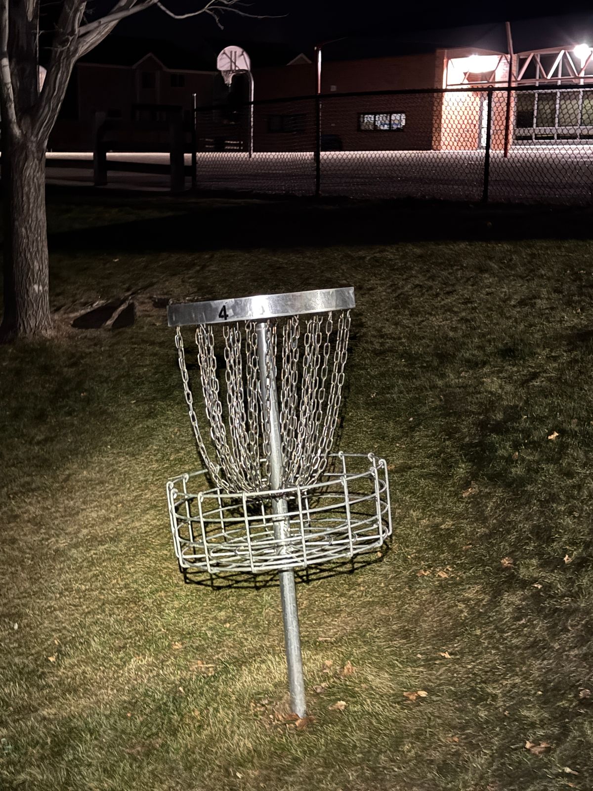 Hole 4’s basket on a hill nearby the basketball courts.
