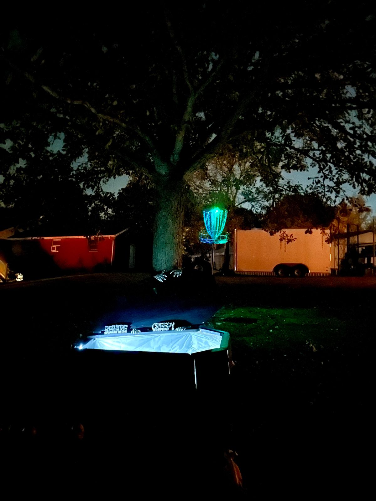 Hole 18 basket during A Haunting at the Acres.