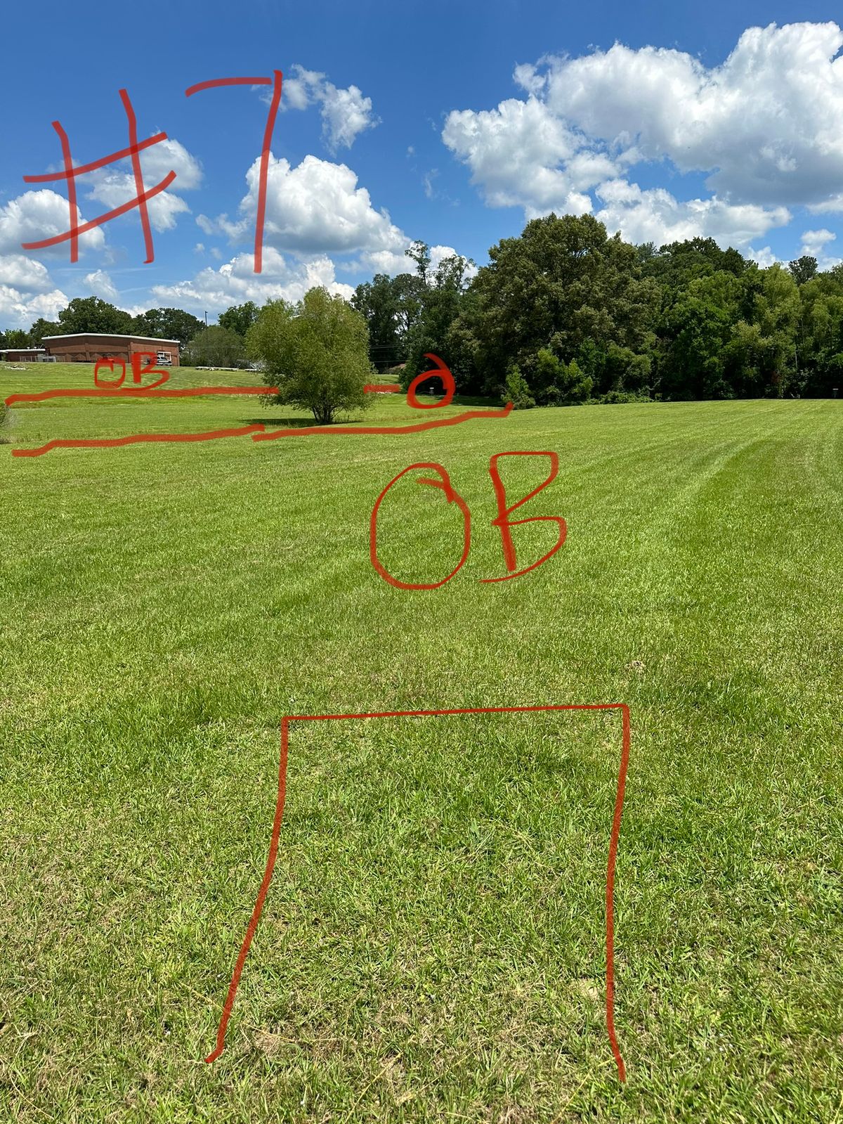 Advanced- Must cross ditch. Anything before ditch OB. Ditch before basket playing OB.