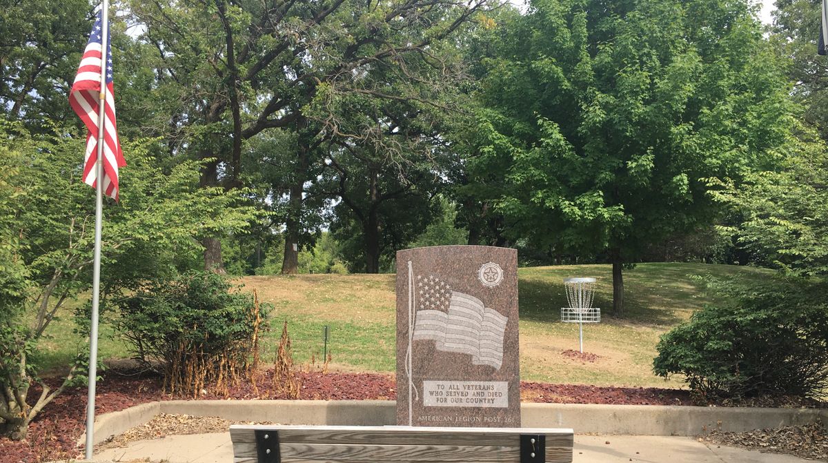 Veterans Memorial and hole 5 basket