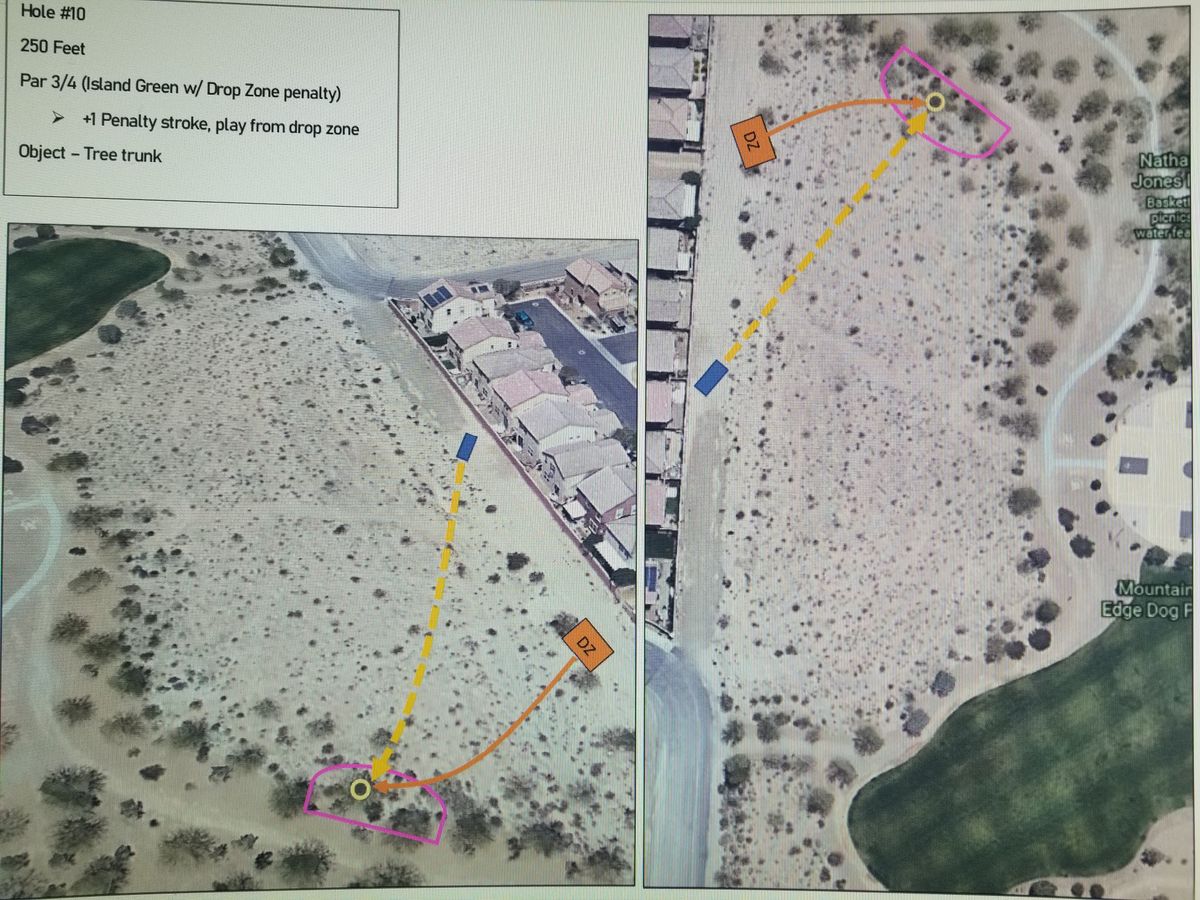 Hole 10 plays from the maintenance road into an island "green". OB drive goes to a DZ by the community gate entrance.