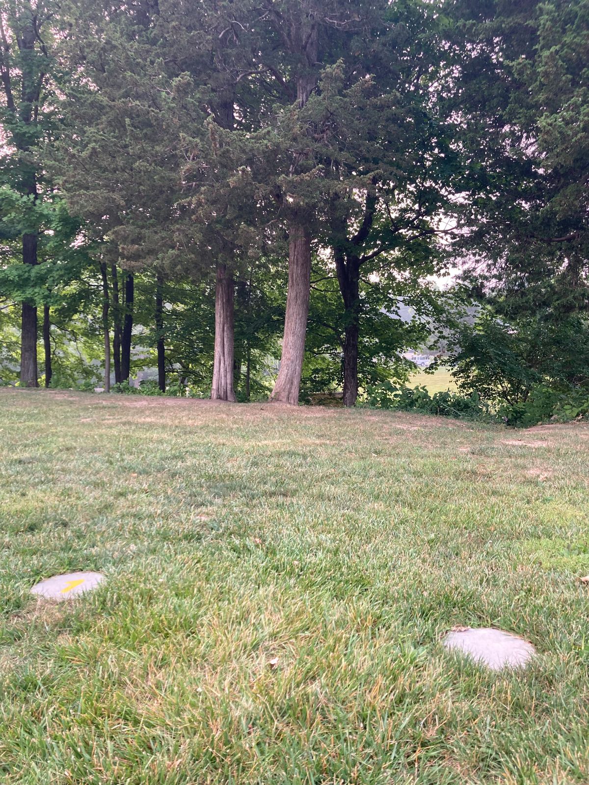 Hole one is left of the parking lot, behind the 18th basket. Shot is over creek, to the left.
