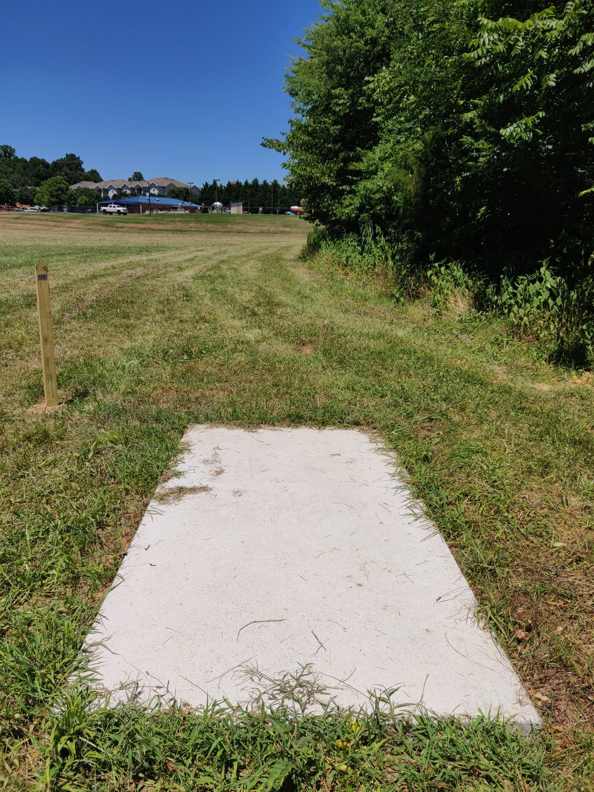 Hole 15. Looking towards hole 18 tee pad. Basket is right to the wood line on the right.