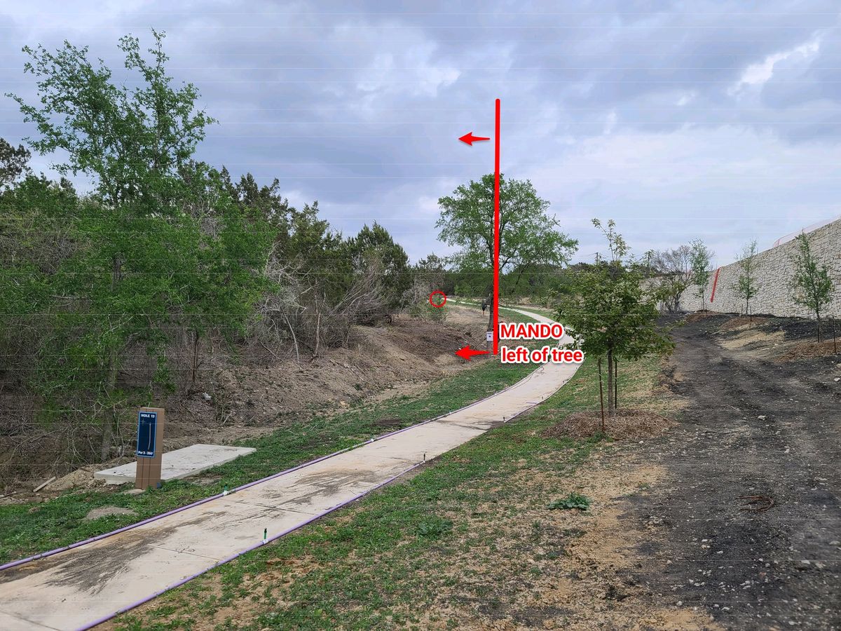 Tee box and Mando tree (left of tree).  Missed Mando: Shoot from path right of tree with +1 stroke penalty. 