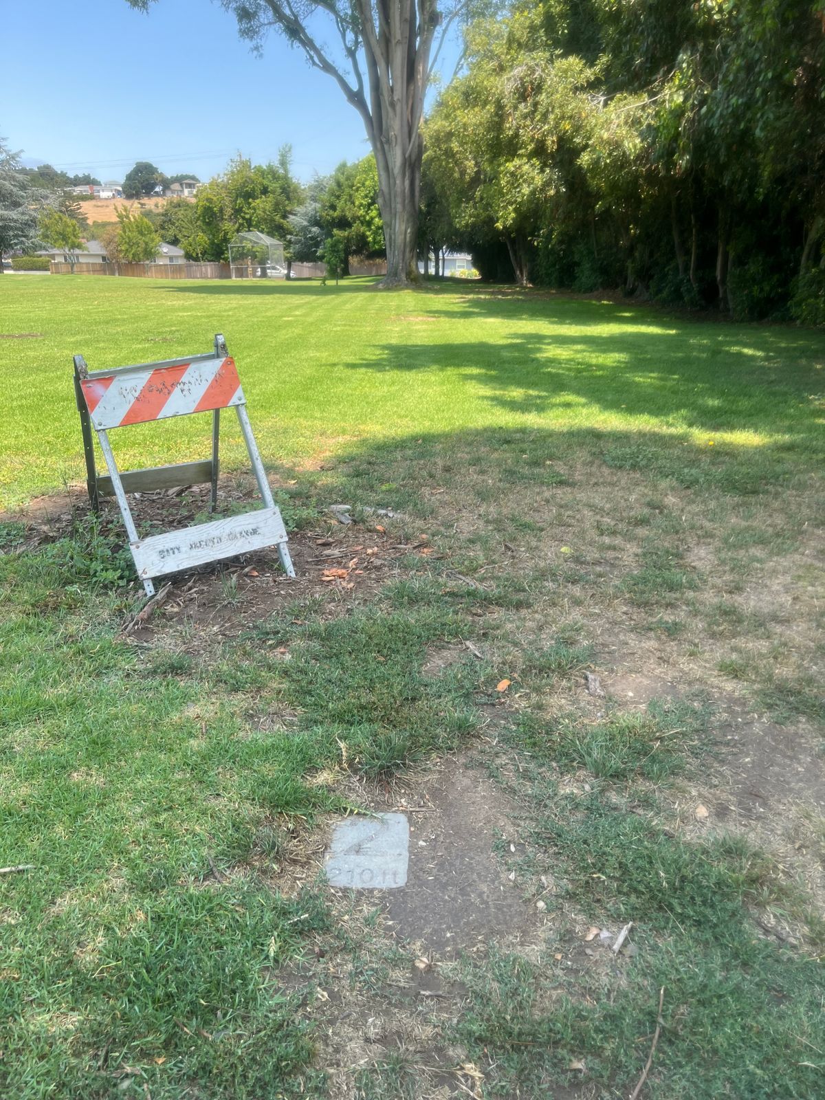 Looking down fairway of hole 2. A glimpse at what tee markers look like. Hole is hiding behind trees