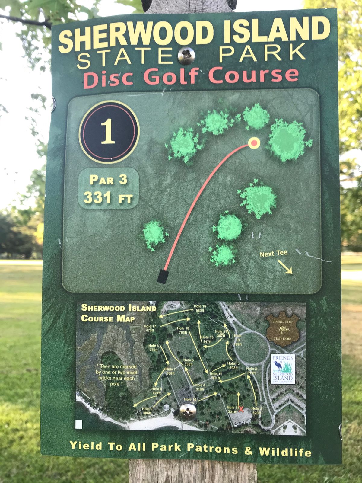 Original basket has been removed; use old practice basket as #1 for both new layouts, and as #18 for "18 on 10"! Little overview map shows old layout (was inaccurate on holes 1 and 2).