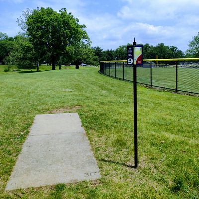 Pin #9 is a Par 4 at 300 feet. The new baseball diamond fence is a little more of a throwing hazard especially if the wind is coming in from the North West.